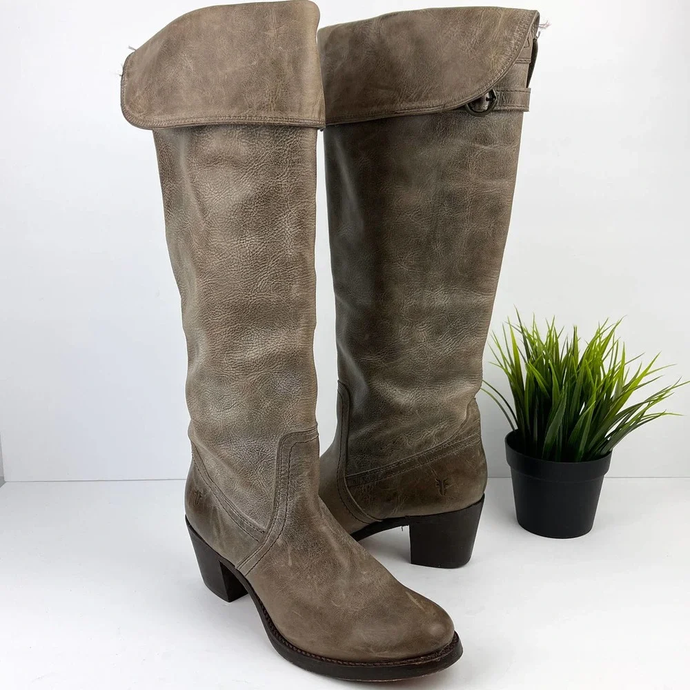 FRYE Jane Tall Cuffed Leather Boot 7.5 Taupe Brown Gray - Picture 13 of 14